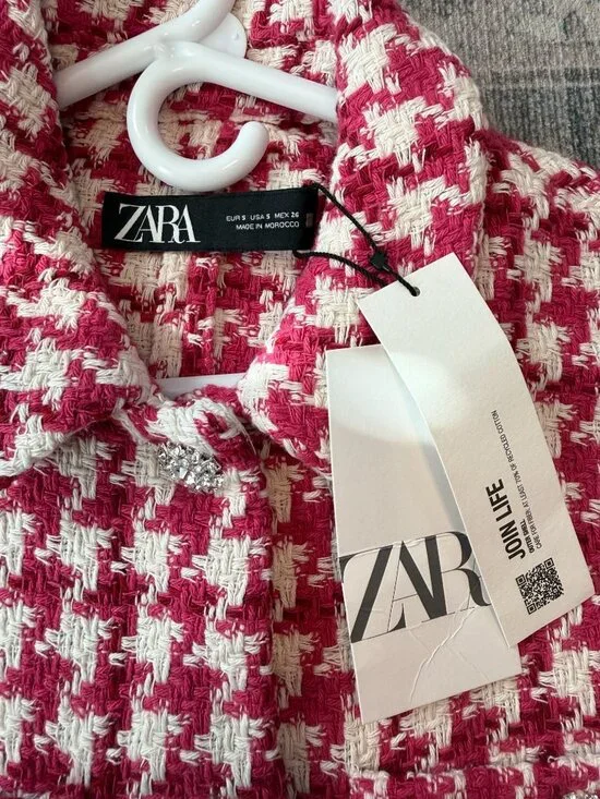 Zara Women's Short Textured Tweed Blazer Jacket Small Raspberry Houndstooth - Picture 3 of 9